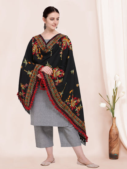 Black Khadi Dupatta with Kashmiri Motif Embroidery – Designer Style