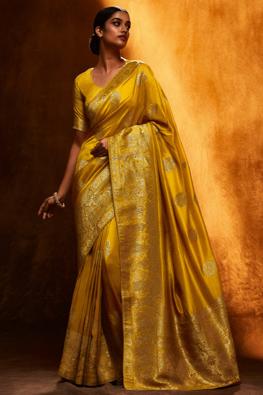 Yellow Designer Viscose Silk Fabric For Haldi Function Wear Saree With Satin Silk Blouse