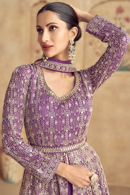 Purple Color Embroidery Work Western Style Anarkali Gown With Dupatta