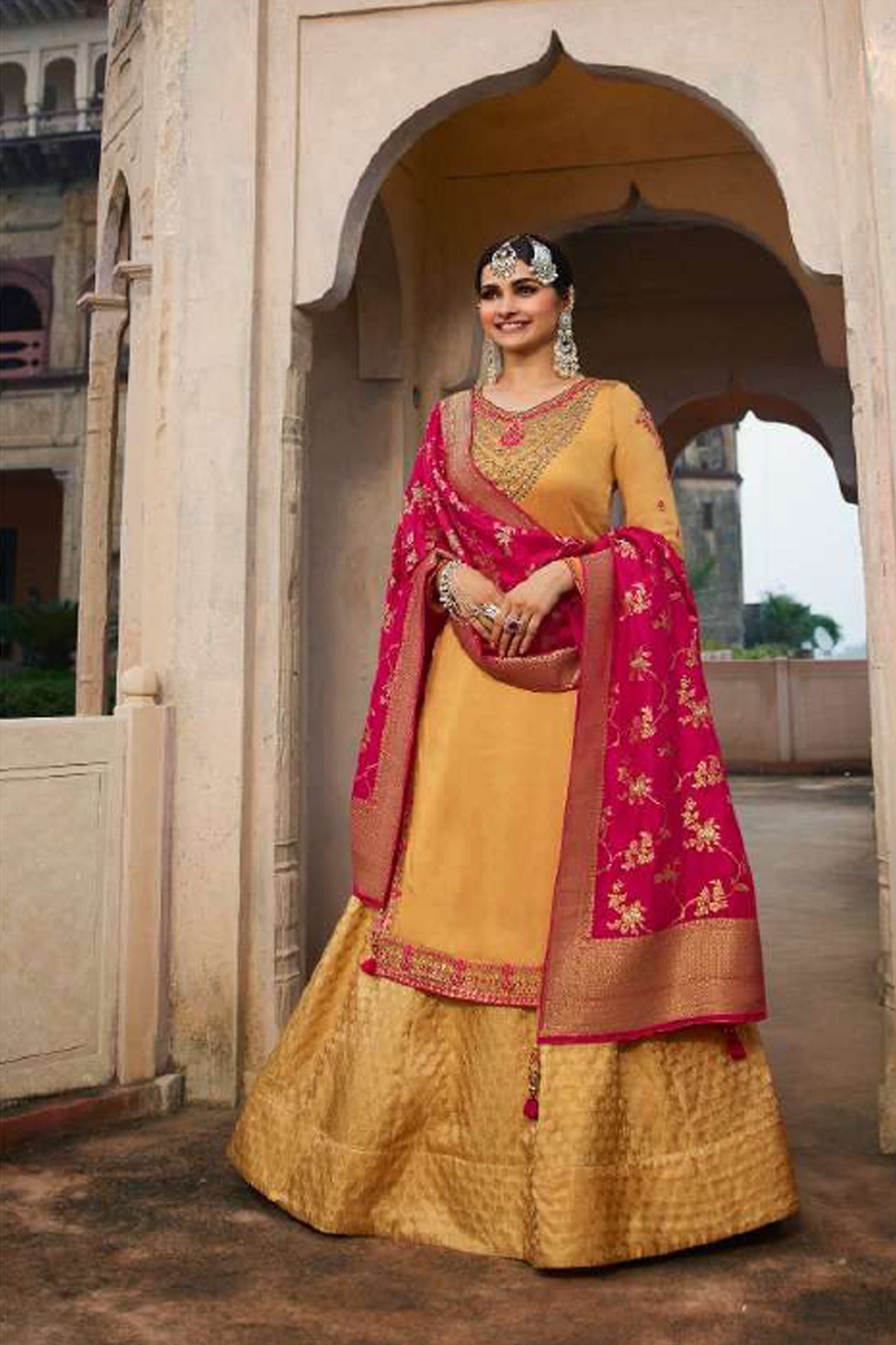 Jacquard Work Yellow Colour Kameez Lehenga For Special Reception