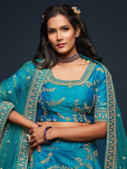 New Cyan Color Zari Work Designer And Luxury Timeless Silk Lehenga With Net Dupatta