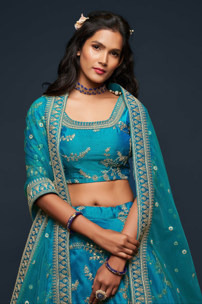 New Cyan Color Zari Work Designer And Luxury Timeless Silk Lehenga With Net Dupatta
