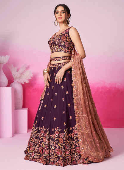 Beautiful Designer Burgundy Color Sequins & Embroidery Work Lehenga Choli For Wedding Function