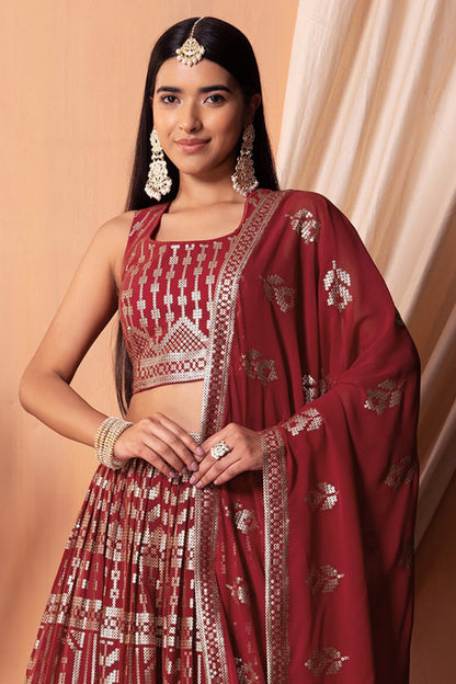Ready To Wear Style Red Color Embroidery Work Lehenga With Dupatta