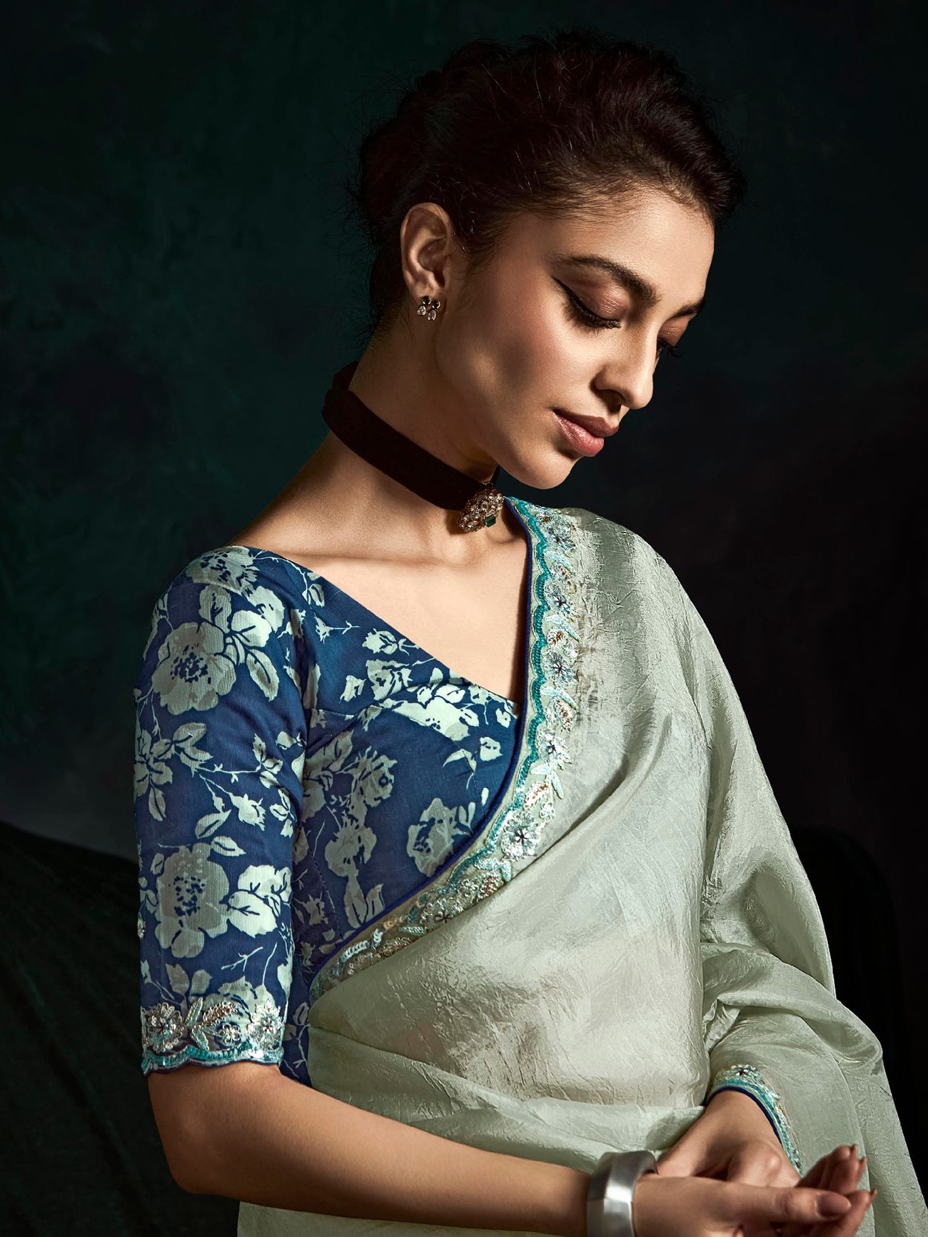 Stunning Pastel Green Embroidery & Sequins Work Saree With Floral Print Blouse For Special Occasion