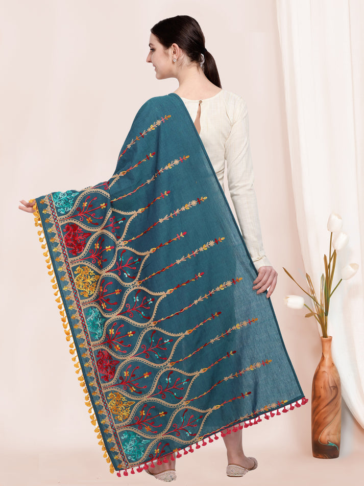 Teal Blue Multi Color Heavy Embroidery Worked Khadi Cotton Dupatta With Yellow Lace