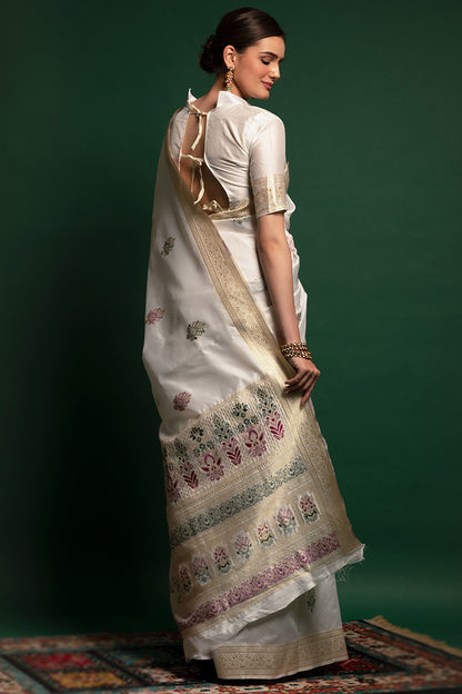 White Color Silk Designer Woven Work Wedding Wear Saree With Silk Blouse