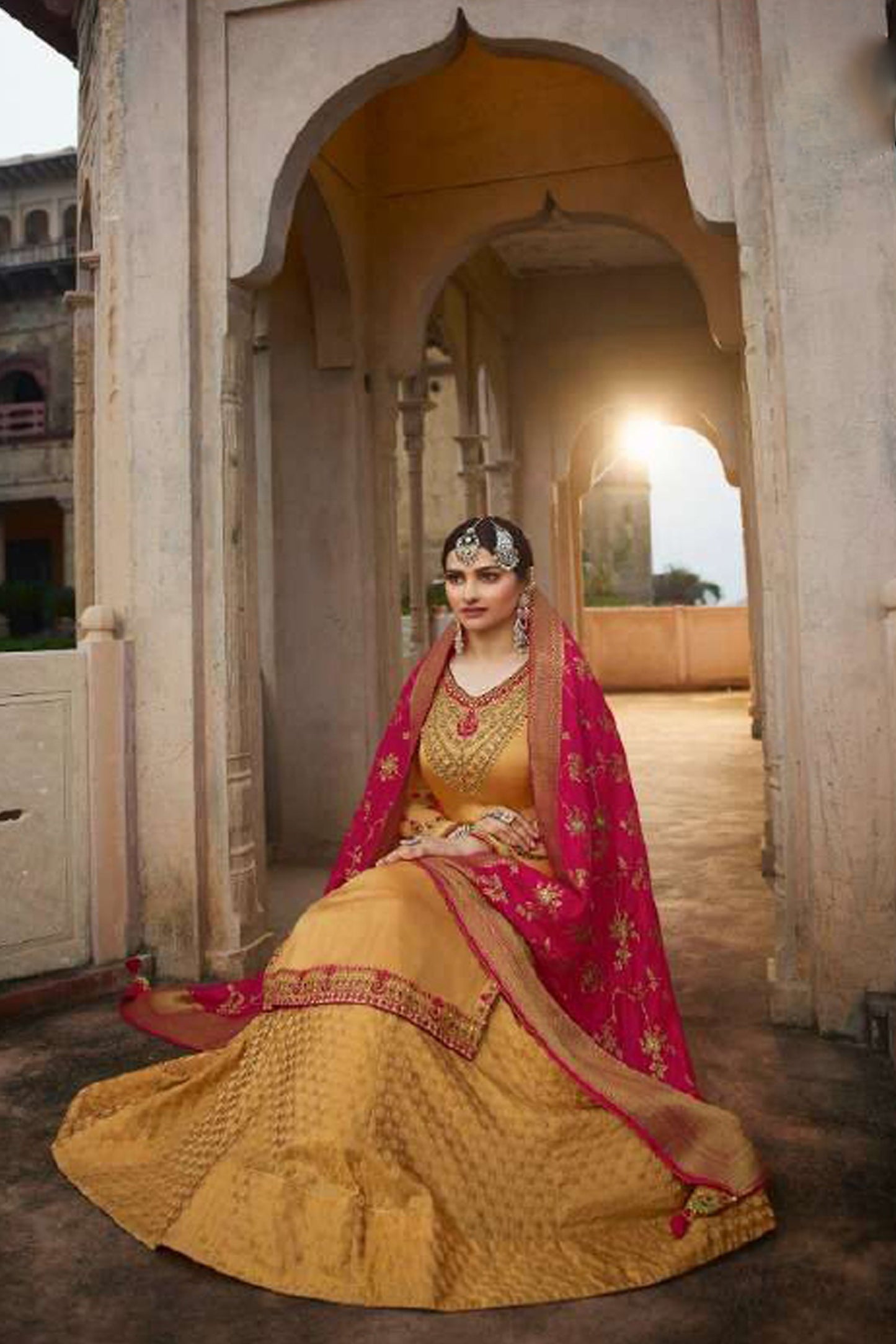 Jacquard Work Yellow Colour Kameez Lehenga For Special Reception