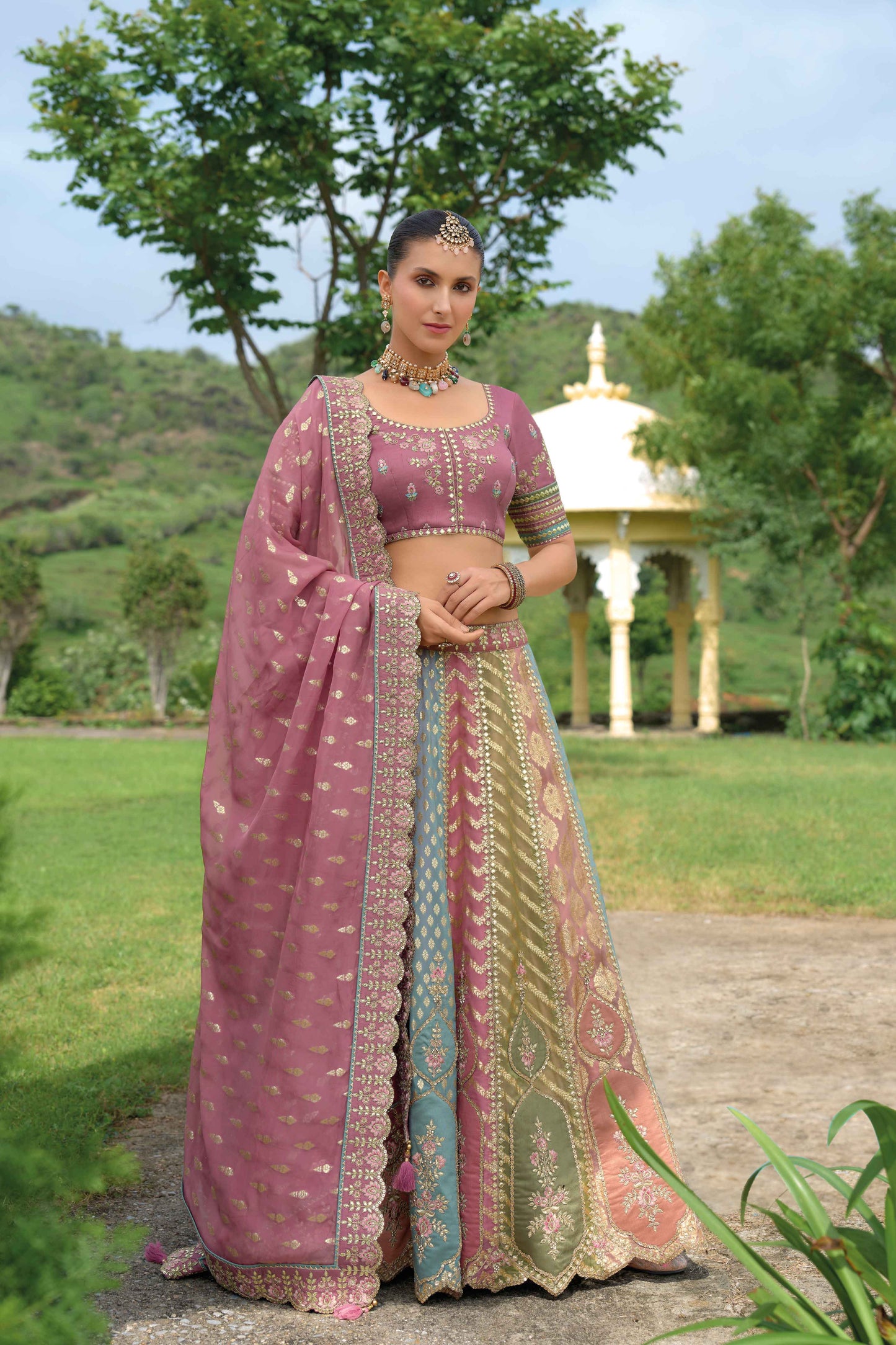 Traditional Embroidery Worked Stitched Lehenga Choli with Designer Blouse & Dupatta