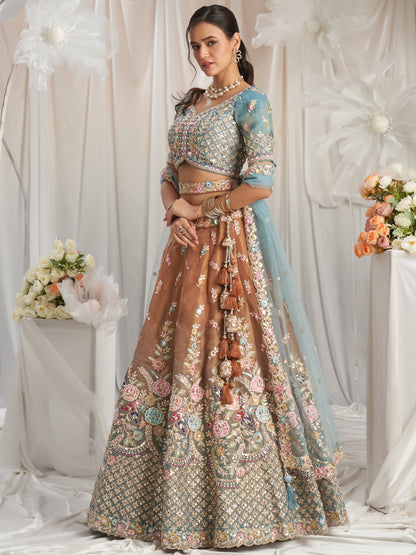 New Brown Color Silk Fabric Multi Embroidery Work Designer Lehenga With Net Dupatta