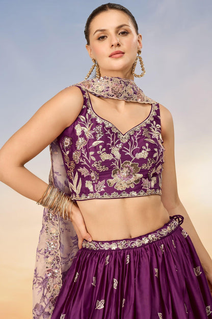 Bollywood Style Dark Purple Color Embroidery Work Best Chiffon Fabric Lehenga With Net Dupatta