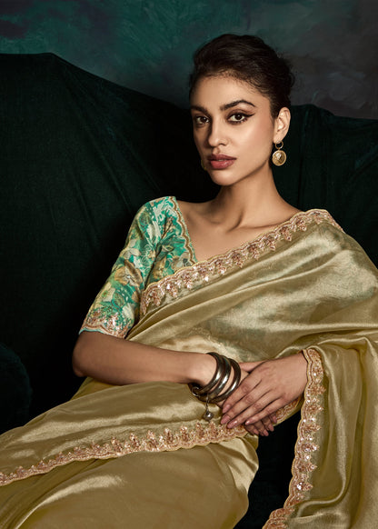 Wedding Special Designer Pastel Yellow Embroidery Work Saree With Printed Blouse