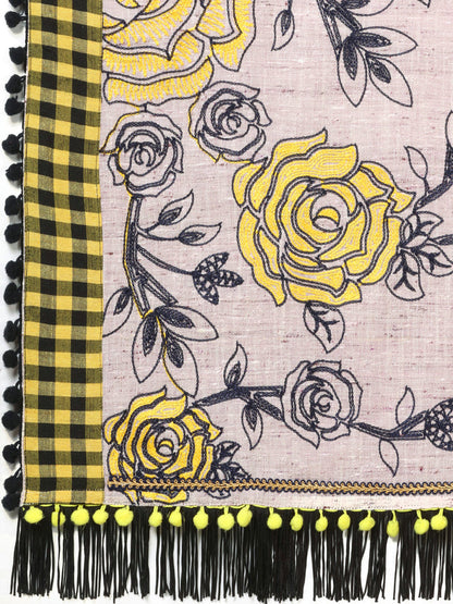 Gray Rose Print Embroidered Khadi Cotton Designer Dupatta