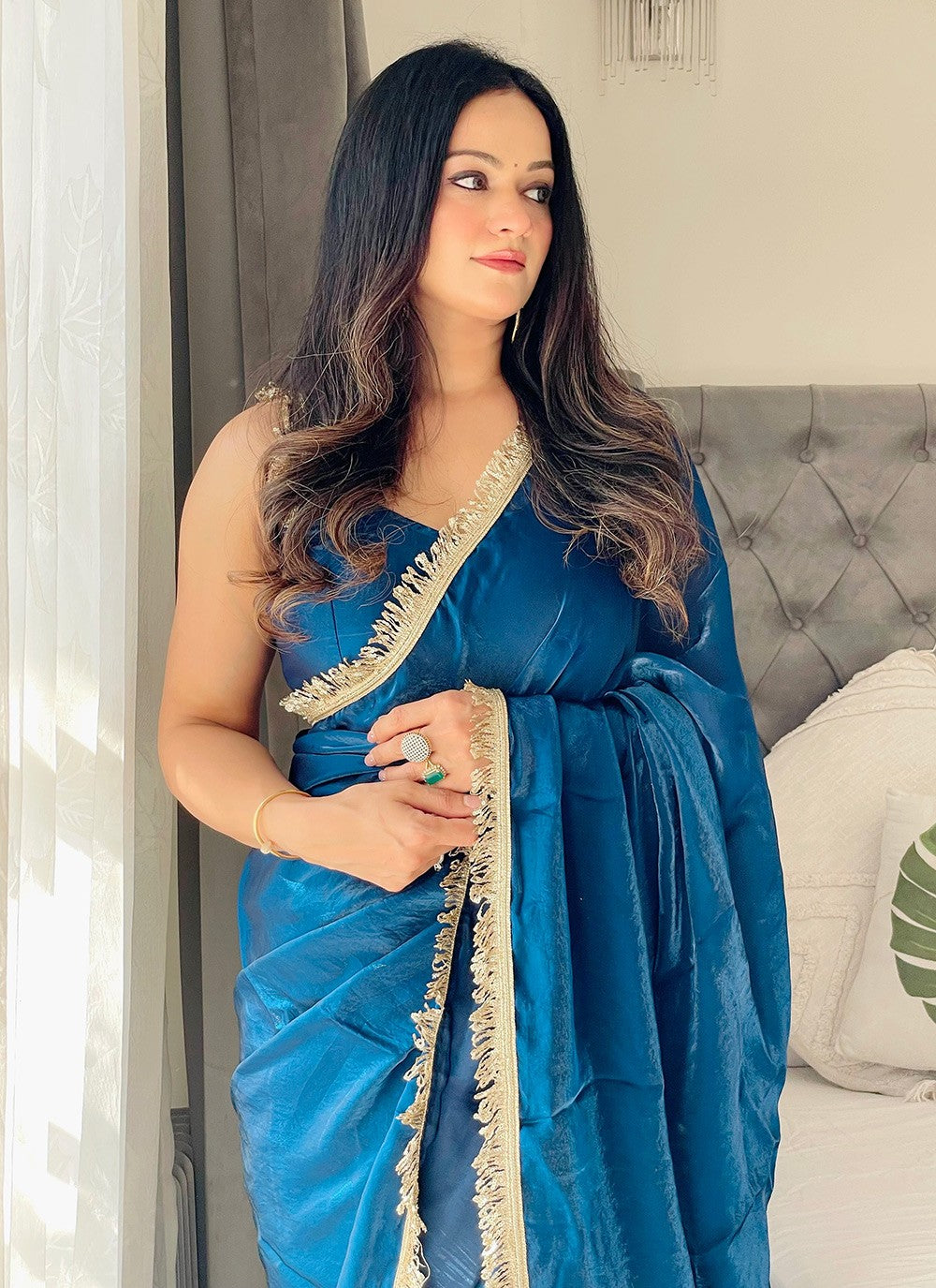 Traditional Designer Dark Blue Satin Silk & Net Sequins Work Saree For Festival Wear