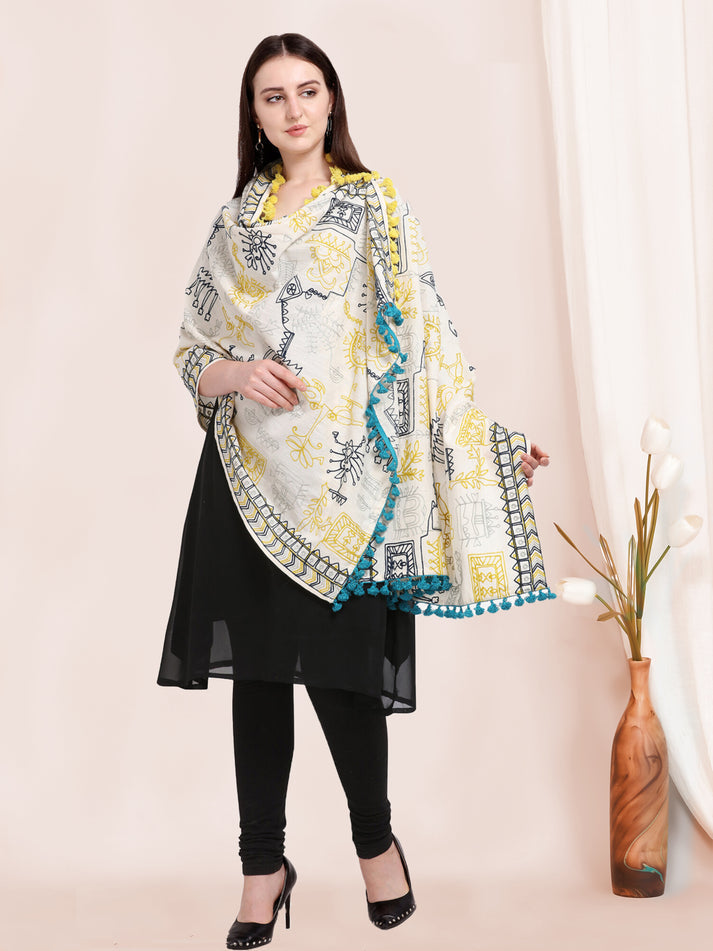 Embroidered White Designer Khadi Cotton Shawl Dupatta For All Occasion
