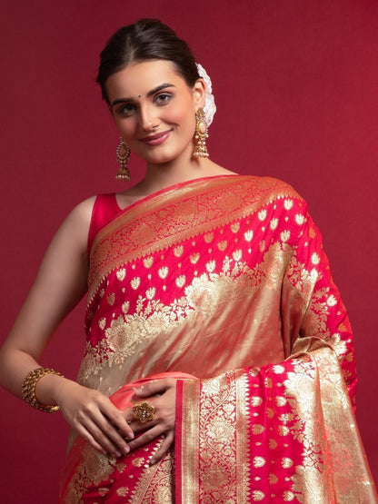 Women's Wear Ready To Wear Red Color Weaving Work Stylish Silk Fabric Saree