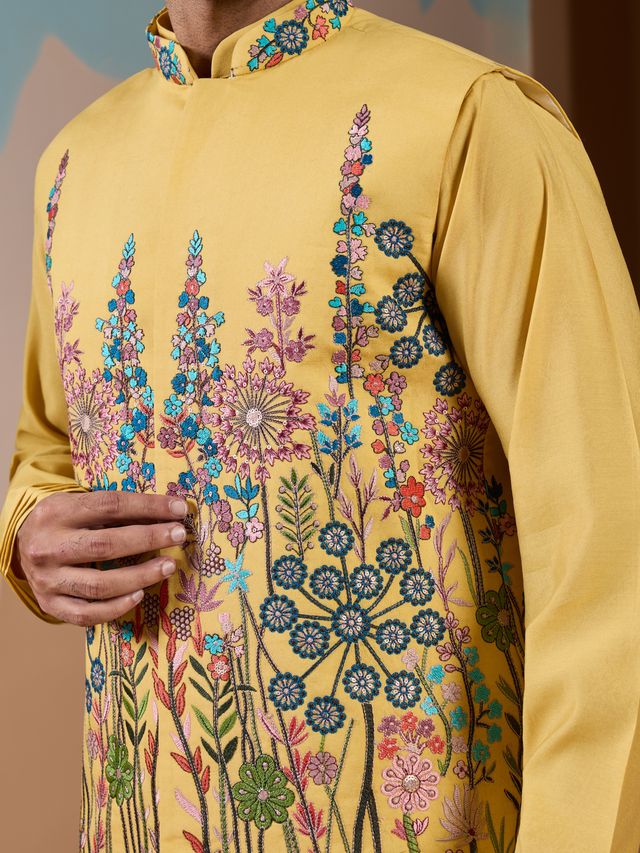 Elegant Designer Yellow Silk Men's Kurta For Wedding Special