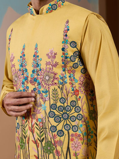 Elegant Designer Yellow Silk Men's Kurta For Wedding Special