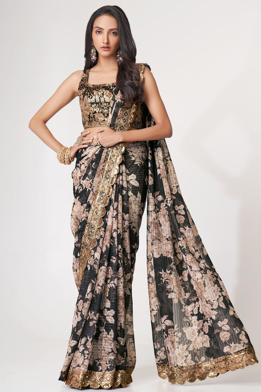 Trendy Organza Fabric Designer Digital Printed Sequins Work For Festival Wear Saree