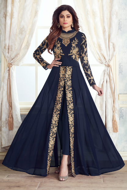 Indian Women's Wear Stylish Long Flared Anarkali Gown Beautiful Embroidery Worked Slit Gown