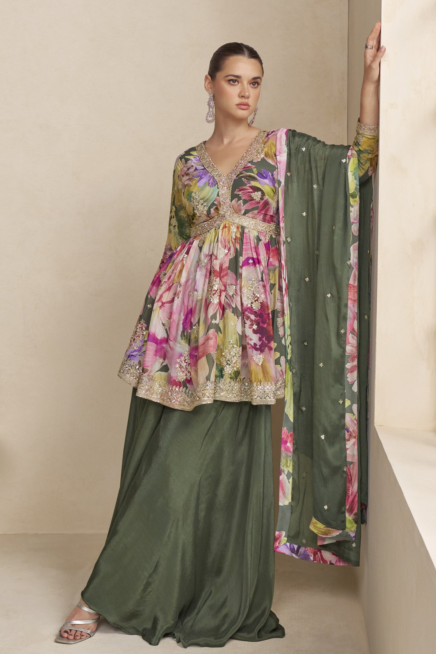 Indian Wedding-Reception Heavy Work Green Color Palazzo Suit