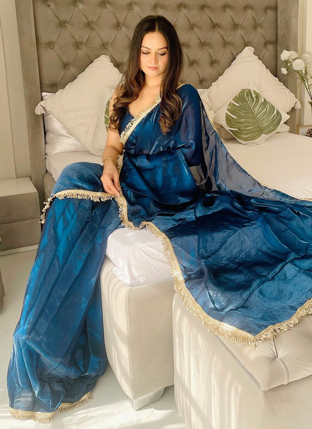 Traditional Designer Dark Blue Satin Silk & Net Sequins Work Saree For Festival Wear