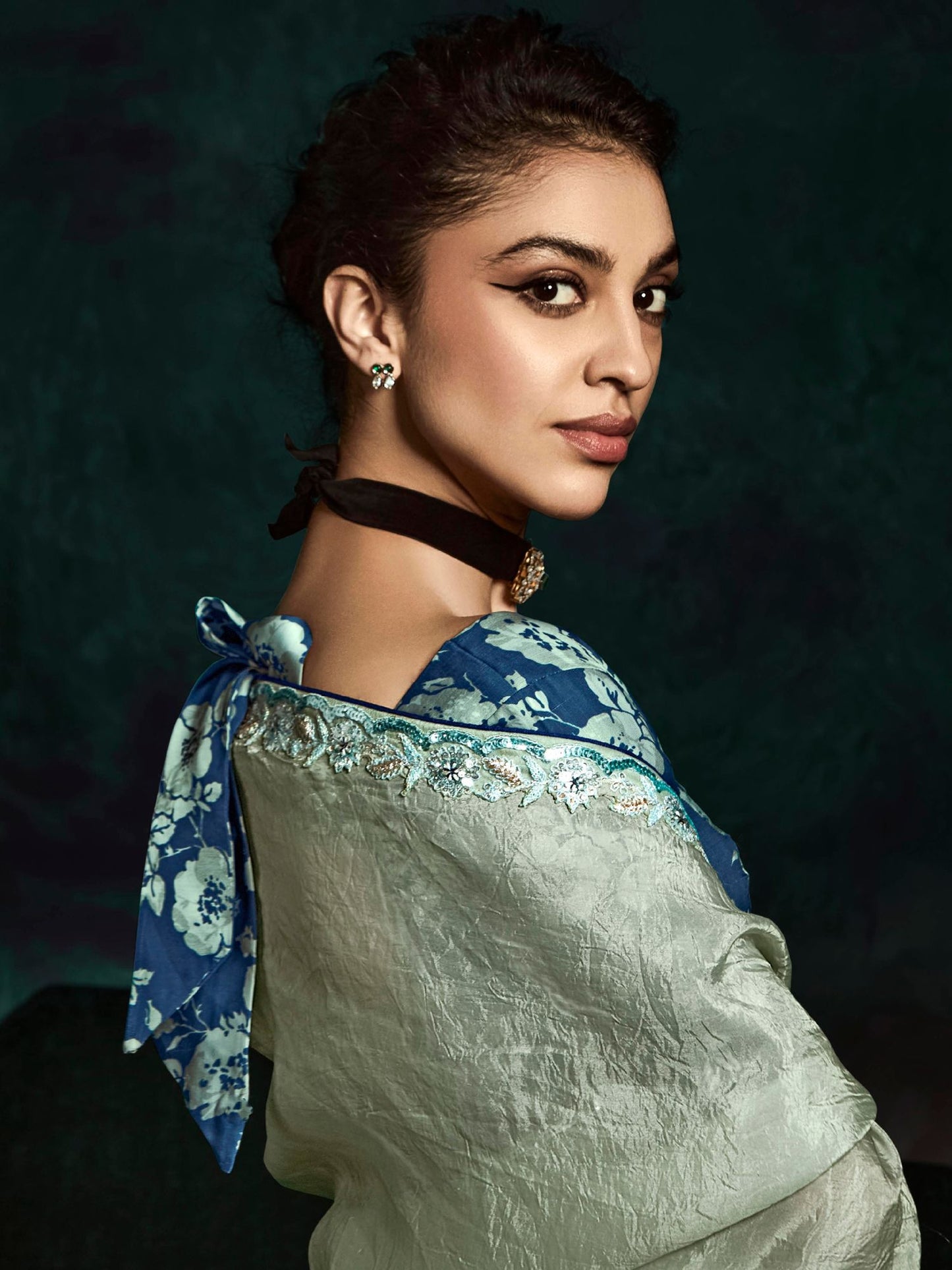 Stunning Pastel Green Embroidery & Sequins Work Saree With Floral Print Blouse For Special Occasion