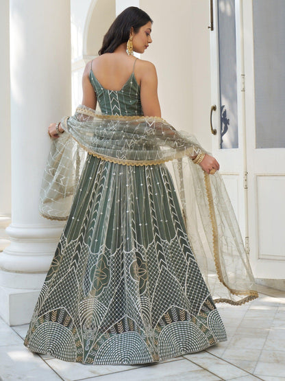 Wedding-Reception Special Olive Green Color Multi Embroidery Work Party Wear lehenga