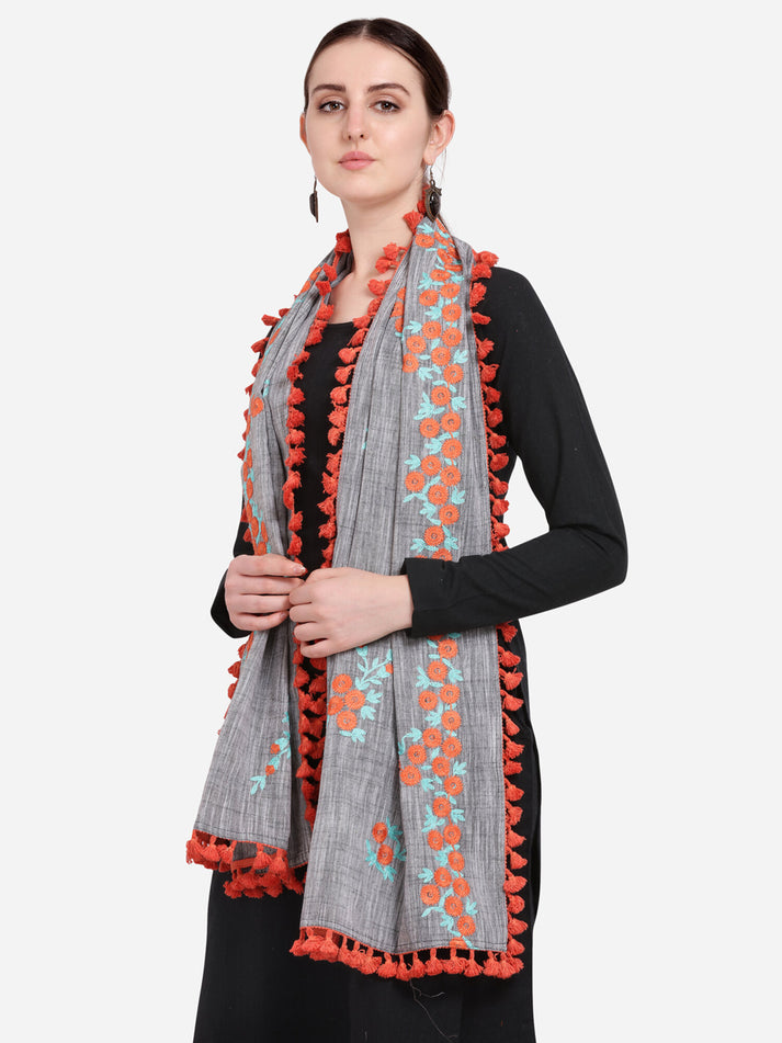 Gray Floral Embroidered Pure Khadi Dupatta with Fancy Lace