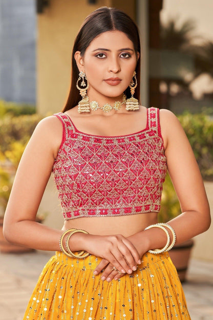 Real Georgette Yellow Color Multi Embroidery Work Ready To Wear Lehenga With Dupatta