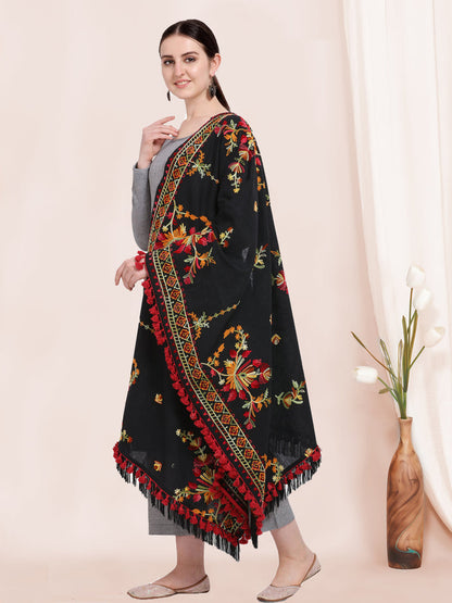 Black Khadi Dupatta with Kashmiri Motif Embroidery – Designer Style