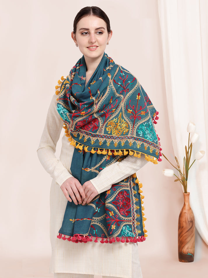 Teal Blue Multi Color Heavy Embroidery Worked Khadi Cotton Dupatta With Yellow Lace