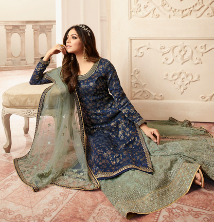 Wedding Wear Heavy Worked Salwar Kameez Suits Navy Blue Color Women's Stitched Plazzo Dresses