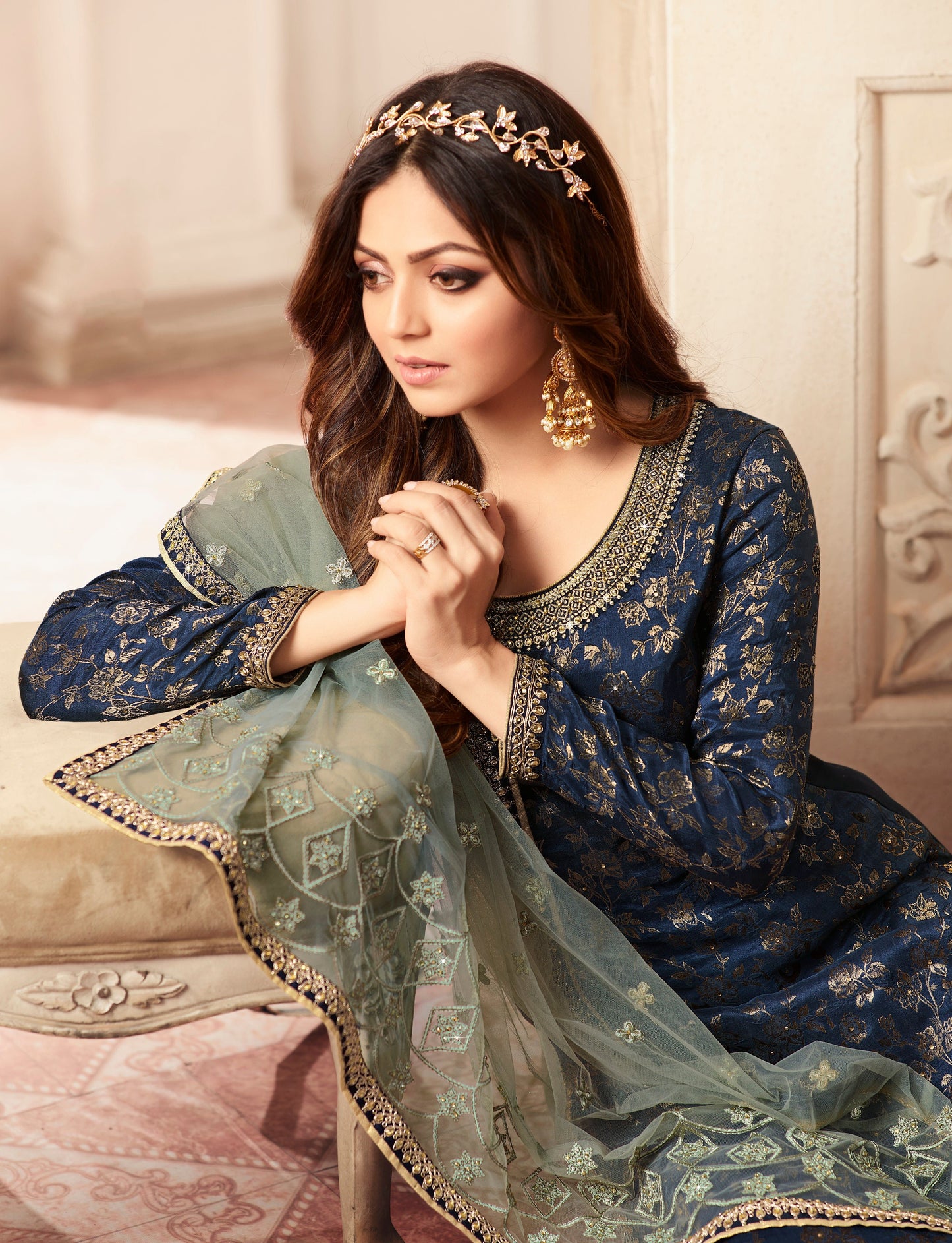 Wedding Wear Heavy Worked Salwar Kameez Suits Navy Blue Color Women's Stitched Plazzo Dresses