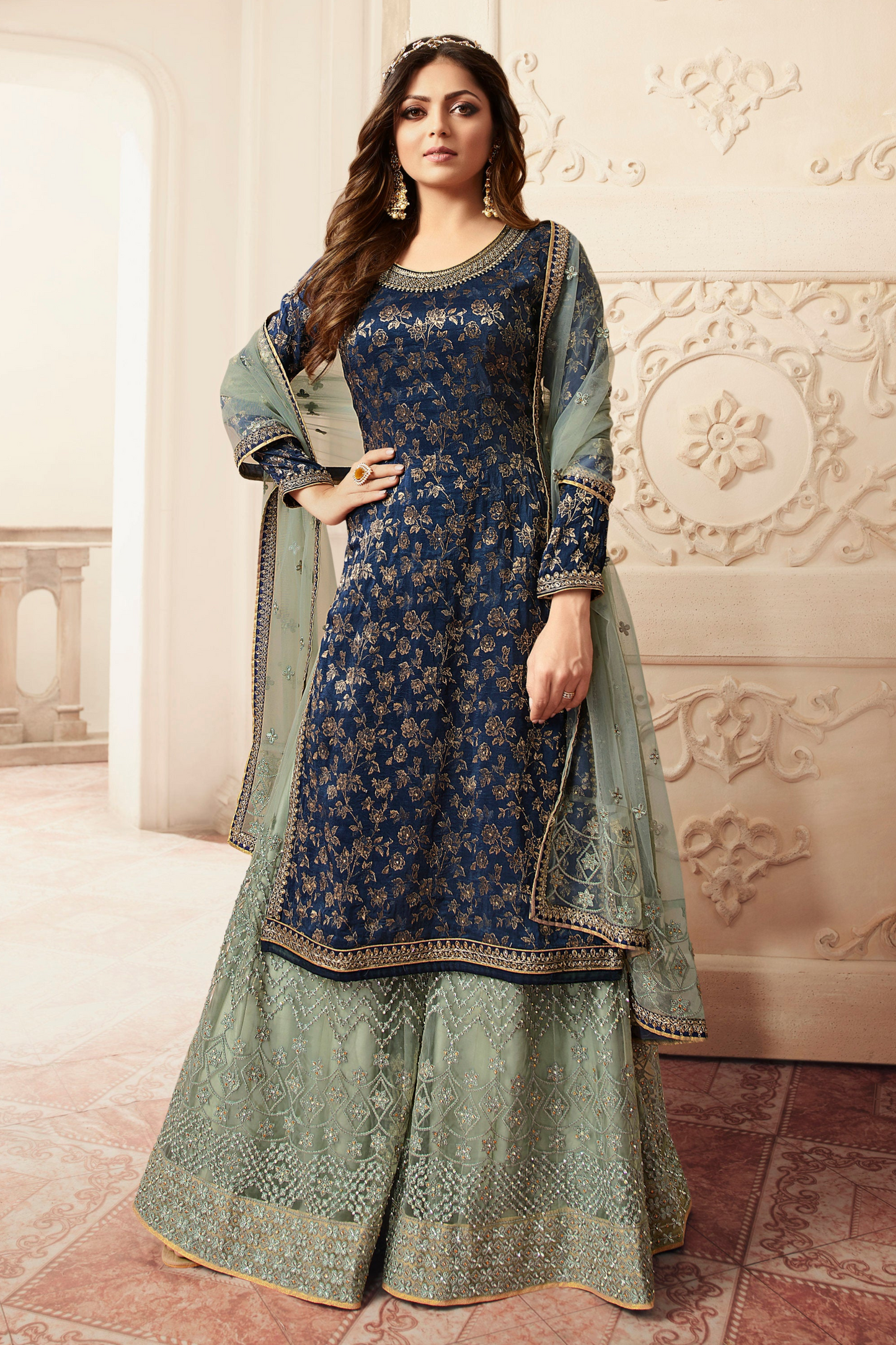 Wedding Wear Heavy Worked Salwar Kameez Suits Navy Blue Color Women's Stitched Plazzo Dresses