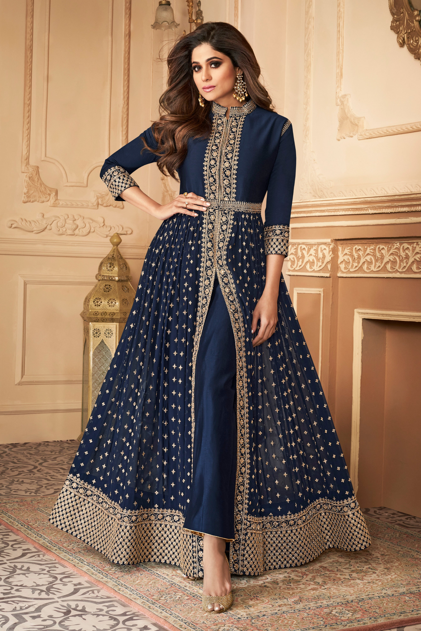 Pakistani Indian Wedding Special Blue Color Anarakli Stitched Geordette Dupatta Gown