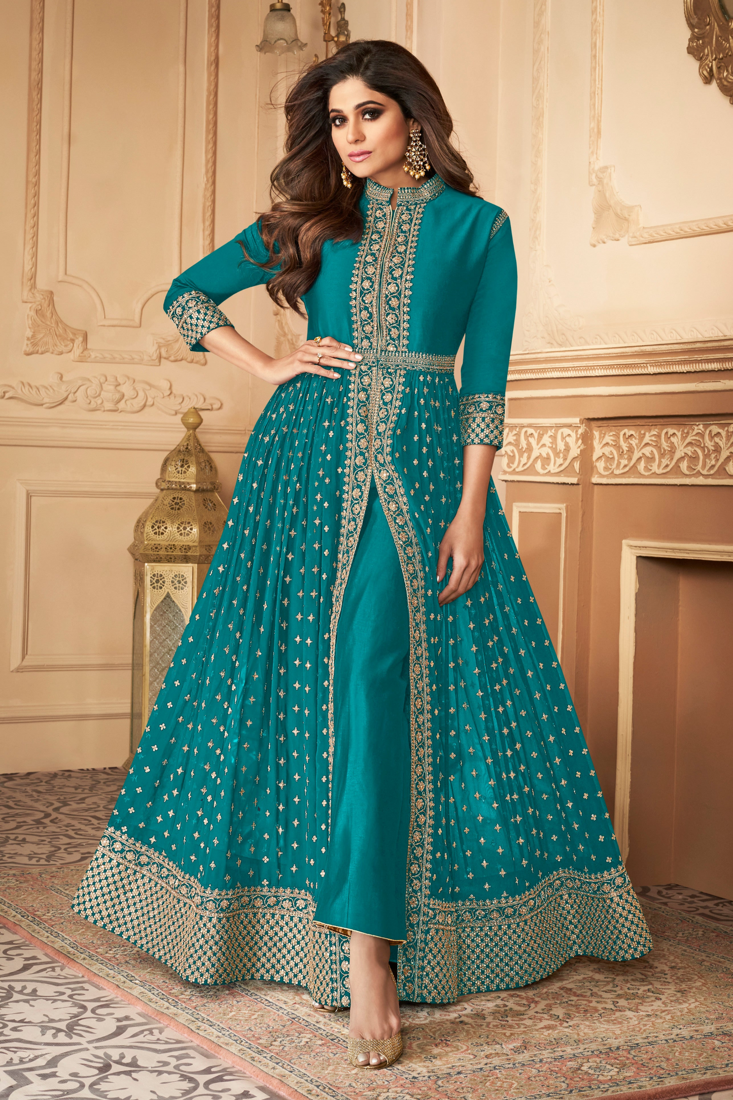 Indian Diwali Party Wear Designer Embroidery Ston Work Slit Anarkali Gown Dupatta Suit