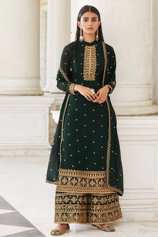 Elegant Green Salwar Kameez Palazzo Suit with Embroidery for Ceremony