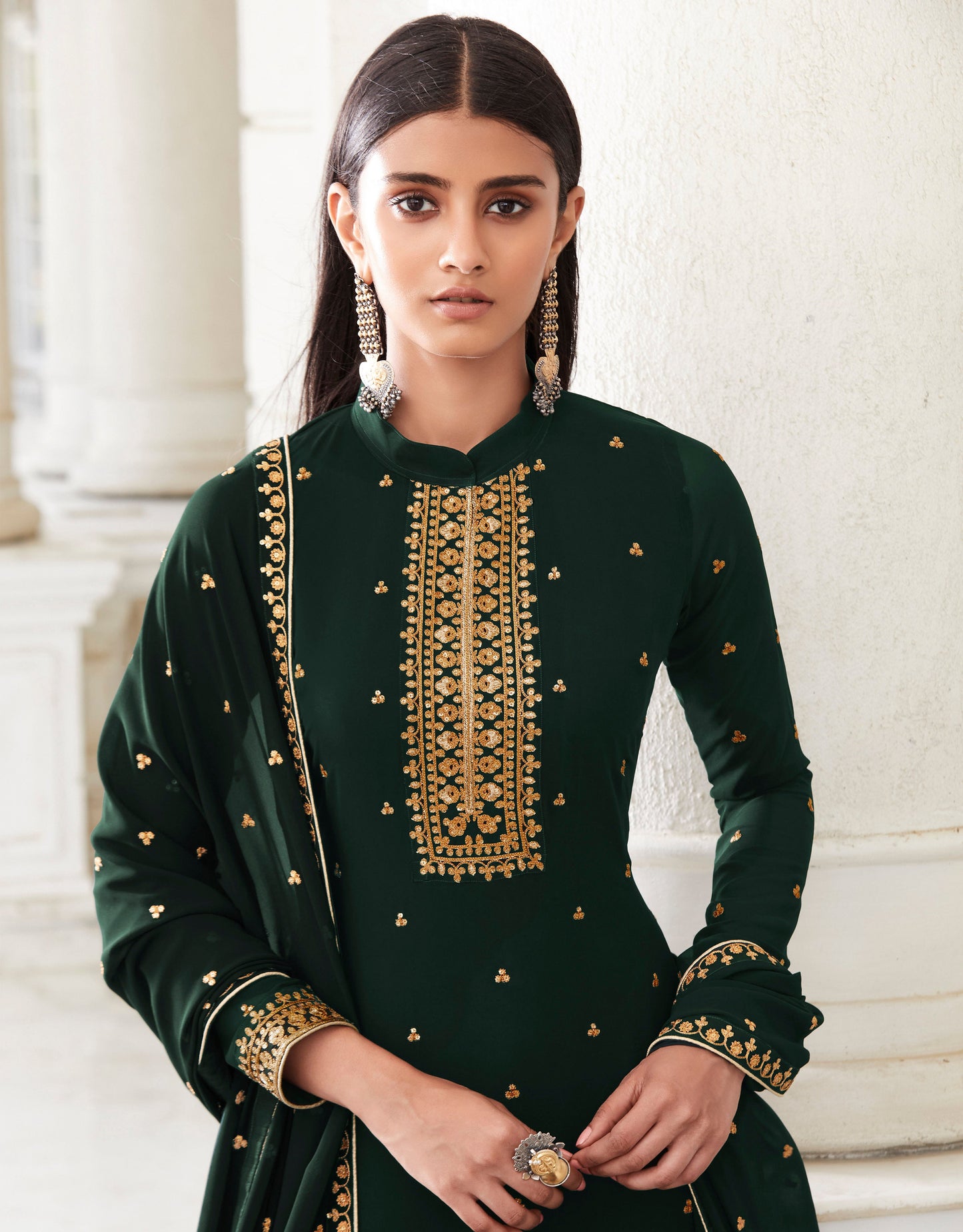 Elegant Green Salwar Kameez Palazzo Suit with Embroidery for Ceremony