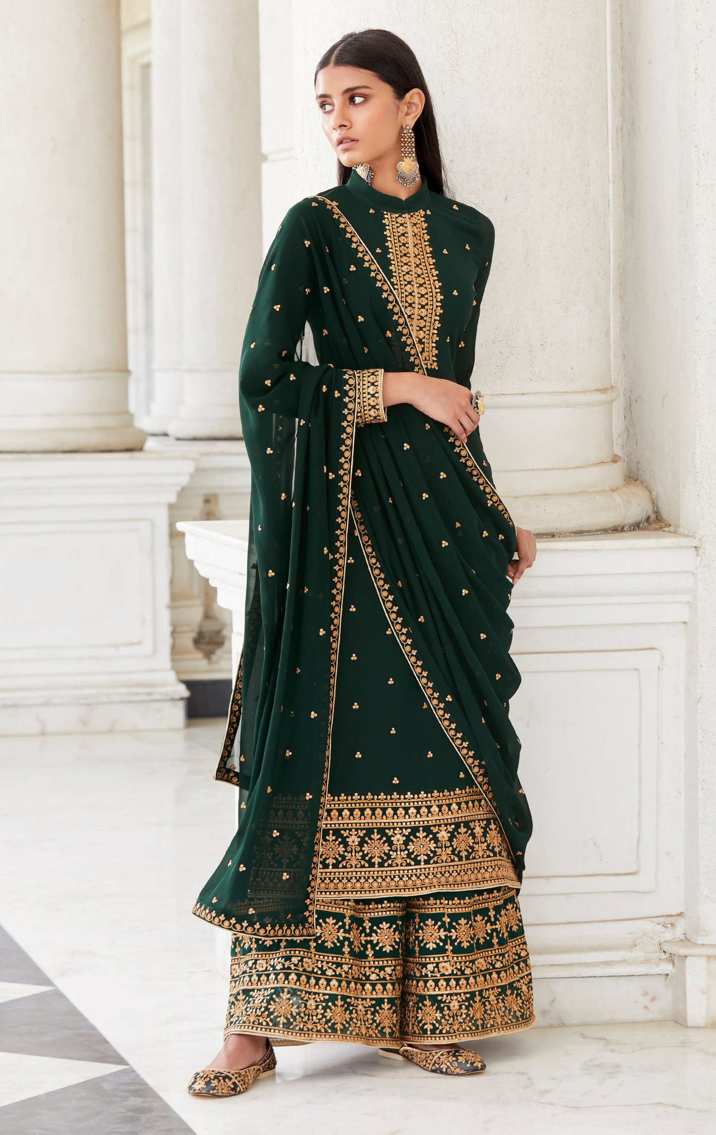 Elegant Green Salwar Kameez Palazzo Suit with Embroidery for Ceremony