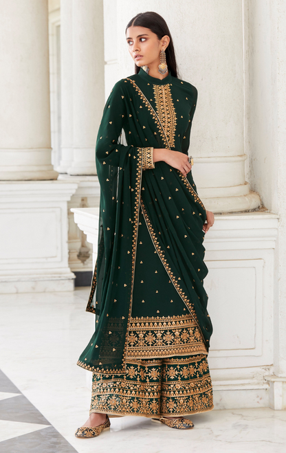 Elegant Green Salwar Kameez Palazzo Suit with Embroidery for Ceremony