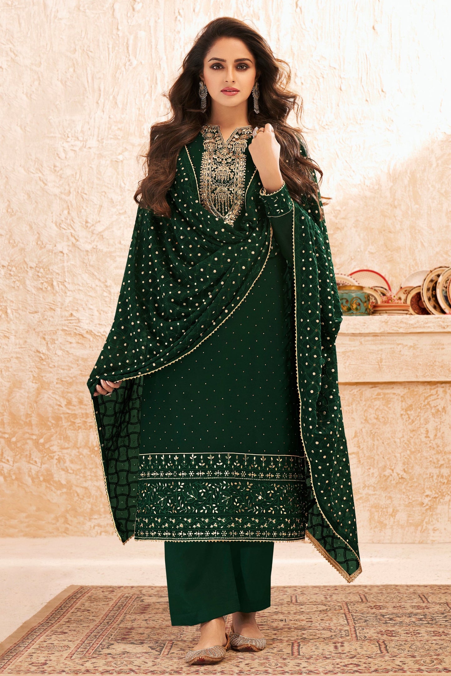 Plus Size Green Color Indian Designer Salwar Kameez Trouser Pant Suits