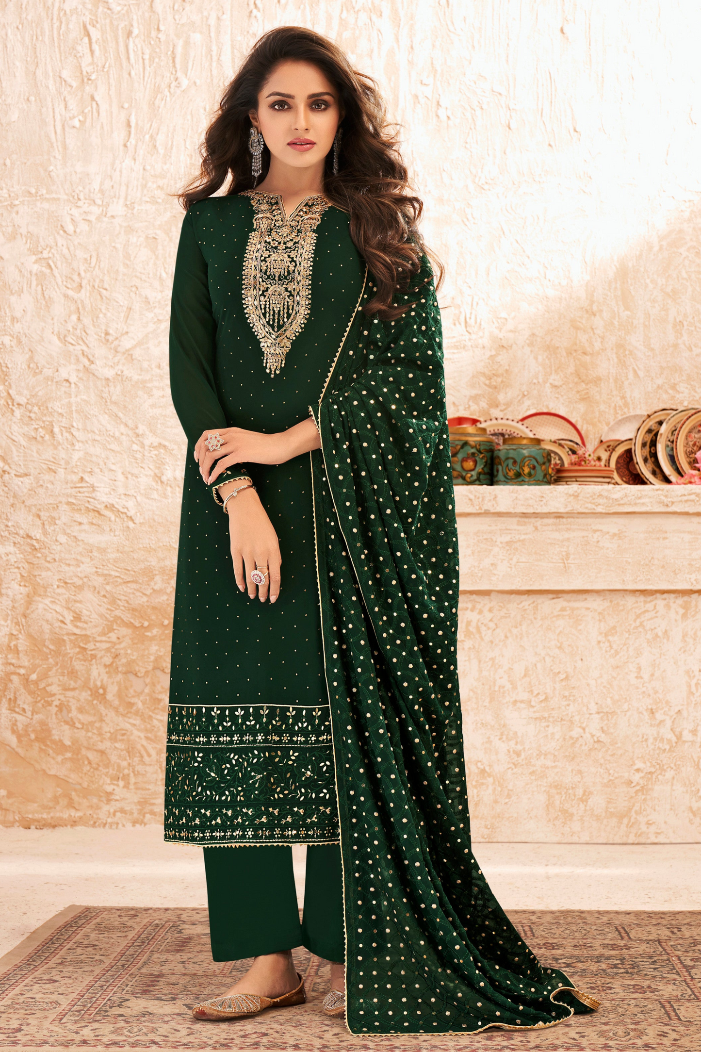 Plus Size Green Color Indian Designer Salwar Kameez Trouser Pant Suits