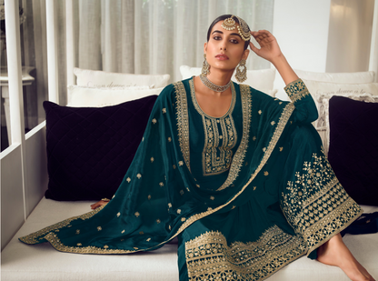 Teal Salwar Kameez Palazzo Suit with Dupatta for USA Weddings
