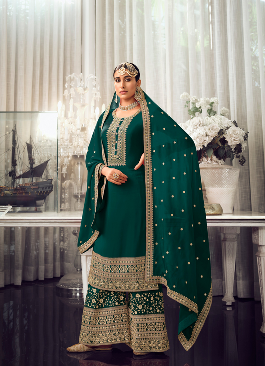 Trendy Green Salwar Kameez Palazzo Suit with Embroidery for Ceremonies