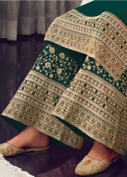 Trendy Green Salwar Kameez Palazzo Suit with Embroidery for Ceremonies