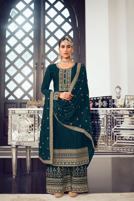 Teal Salwar Kameez Palazzo Suit with Dupatta for USA Weddings