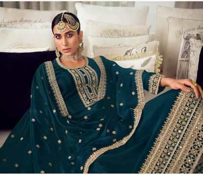 Teal Salwar Kameez Palazzo Suit with Dupatta for USA Weddings