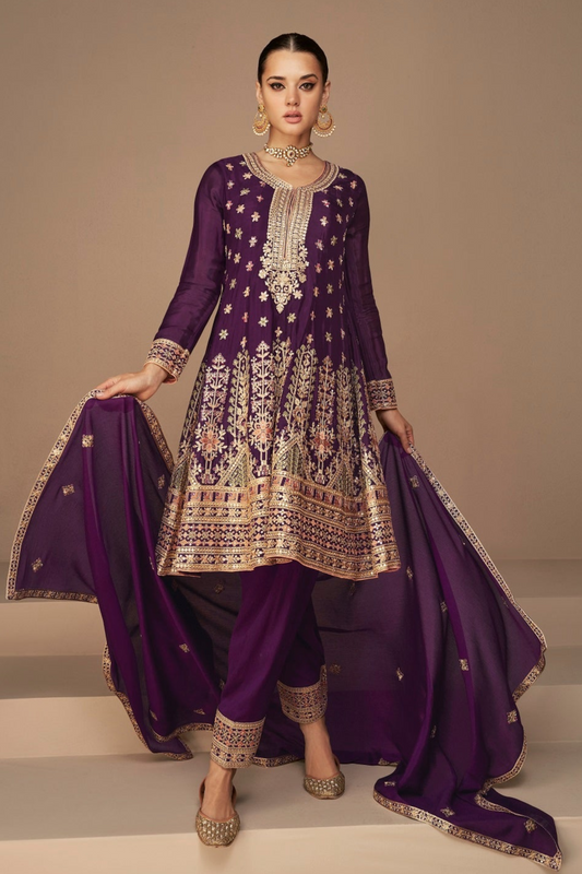 Stylish Reception Function Party Wear Embroidery Worked Salwar Kameez Chinon Silk Dupatta Dresses