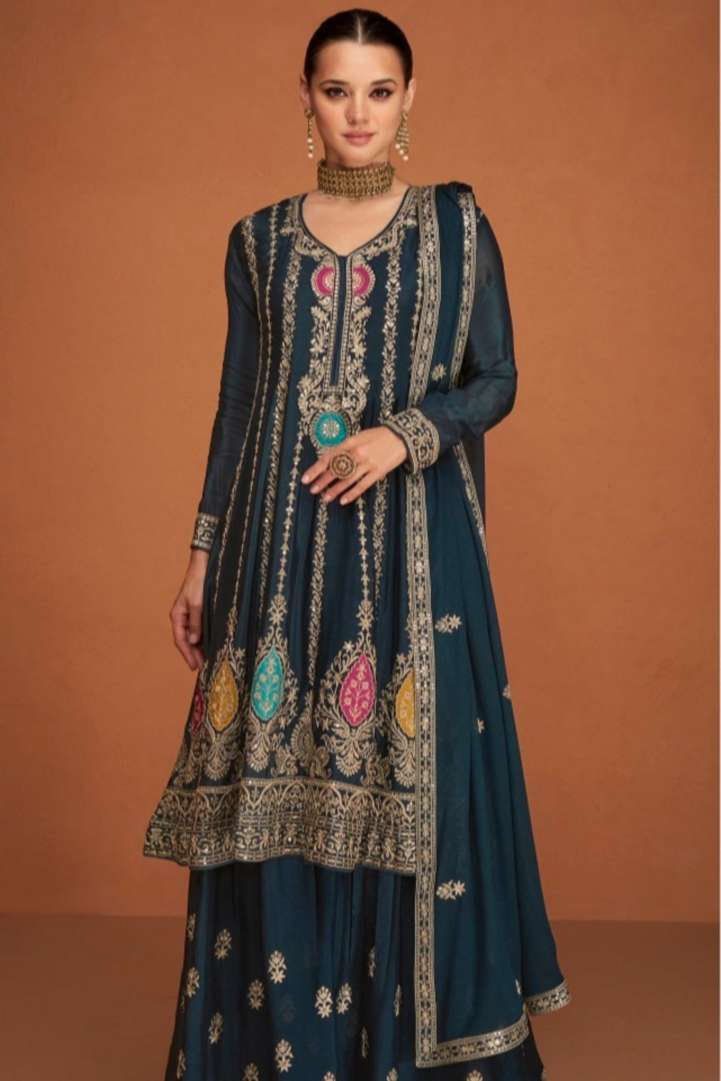 Blue Color Chinon Silk Embroidery Worked Salwar Kameez Palazzo Dupatta Dresses